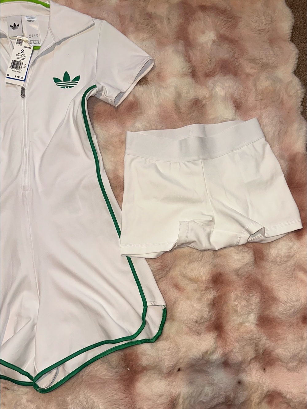 adidas White Short-Sleeve One-Piece Romper with Green Trim - Picture 2 of 4